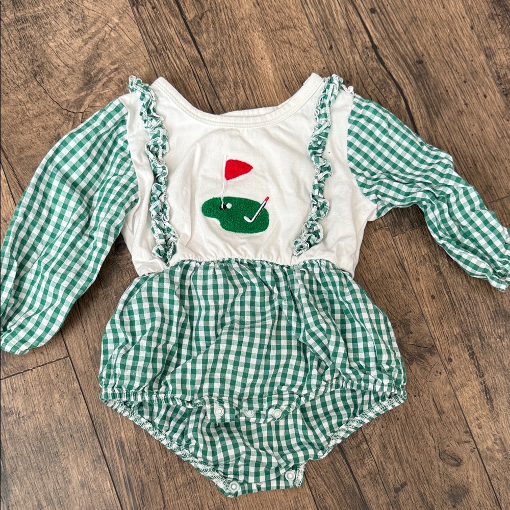 Green Gingham Baby Romper with Golf Design